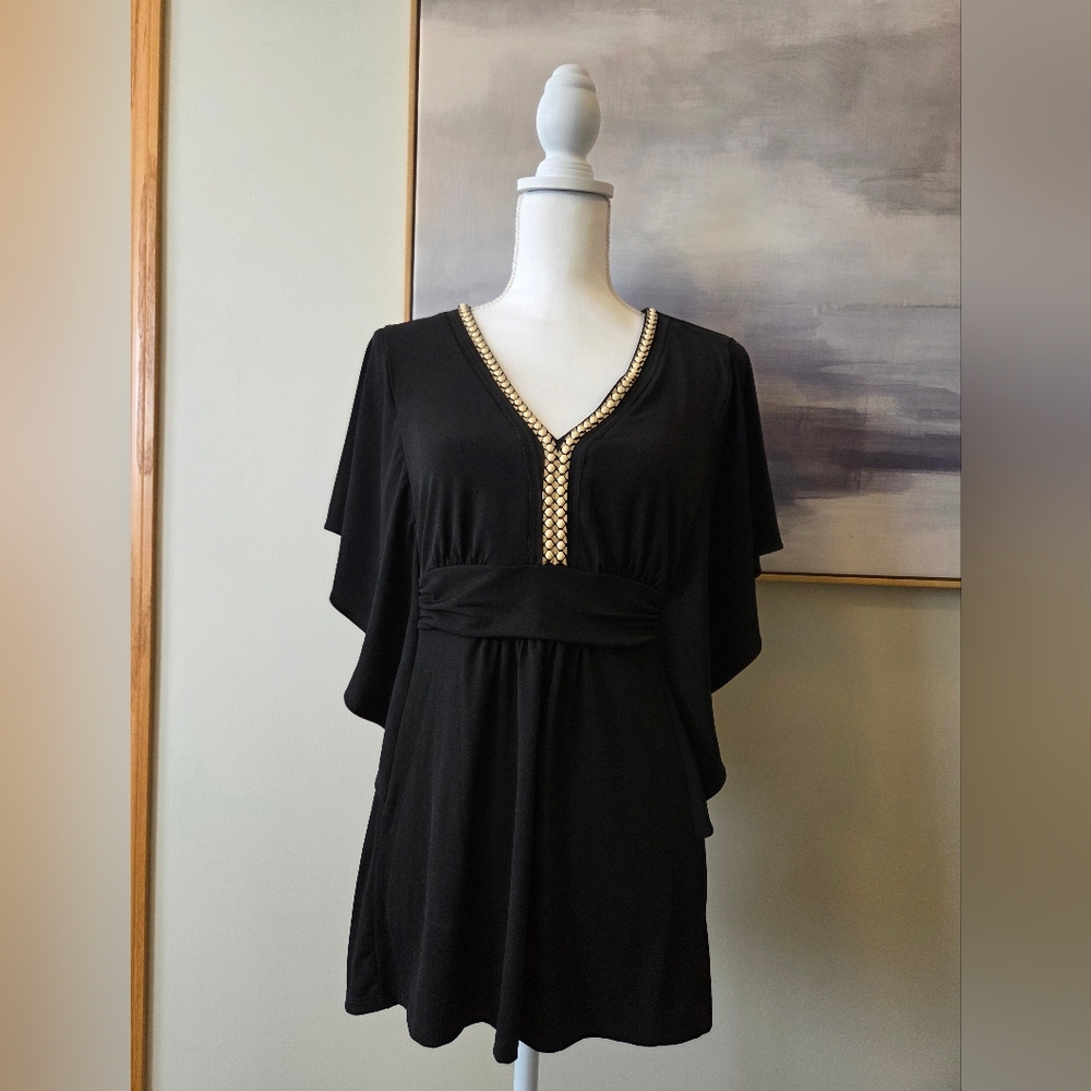 White House Black Market Black Top with Gold Details. Perfect Maternity Shirt